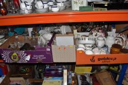 FIVE BOXES OF GLASS, METALWARES, CERAMICS AND A LOOSE PICTURE to include two Hornsea 'Saffron' tea