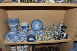 A COLLECTION OF WEDGWOOD JASPERWARE, twenty three pieces, to include a white and blue vase, height