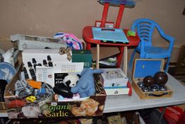 TWO BOXES AND LOOSE TOYS, DOLLS AND VINTAGE GAMES, to include a collection of Britains plastic