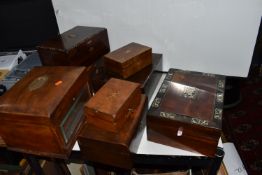 A GROUP OF VARIOUS WOODEN BOXES, to include a workbox with mother of pearl inlaid decoration to