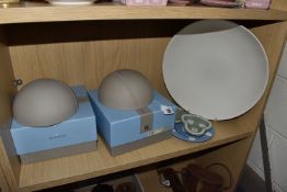 TWO BOXED WEDGWOOD KELLY HOPPEN DESIGN HEMISPHERE DOT 18 BOWL ORNAMENTS, together with a large