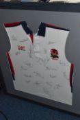 A SIGNED REPLICA ENGLAND RUGBY UNION SHIRT, from Cotton Traders with twenty signatures, mostly