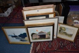 A QUANTITY OF PICTURES AND PRINTS ETC, to include an oil on board depicting boats at low tide signed