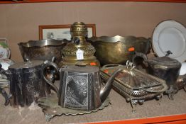 A QUANTITY OF MOSTLY PLATED METALWARES to include three plated teapots, one marked James Allan to
