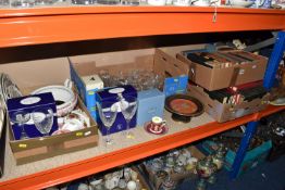 FOUR BOXES AND LOOSE CERAMICS, GLASS AND BOOKS ETC, to include boxed Royal Doulton wine glasses,