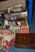 TWO BOXES OF VINTAGE MISCELLANEOUS ITEMS to include three pieces of malachite sculpted items