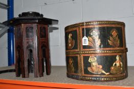 AN INDIAN BUCKET AND A BURMESE COLLAPSIBLE TABLE comprising a metal-bound wooden bucket with