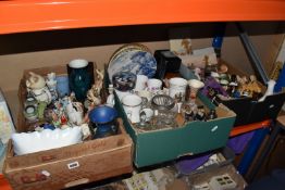 THREE BOXES OF MISCELLANEOUS CERAMICS, to include hand painted vintage fireplace tiles, oriental