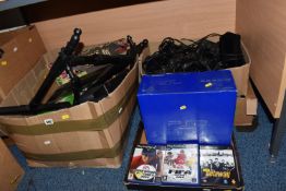 FIVE BOXES OF VIDEO GAMES AND CONSOLES, includes a PS2 (boxed), 2 PS3s, an Xbox One and over fifty