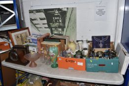 THREE BOXES AND LOOSE MISCELLANEOUS ITEMS to include two mantel clocks comprising an Enfield clock