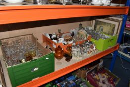 THREE BOXES AND LOOSE GLASS AND CERAMICS to include two boxes of glassware to include a frosted