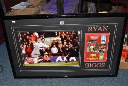 FRAMED FOOTBALL MEMORABILIA OF RYAN GIGGS, a framed photograph of Ryan Giggs with black autograph,