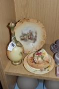 A GROUP OF ROYAL WORCESTER BLUSH IVORY PORCELAIN, comprising a cabinet plate, hand painted with '