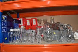 A COLLECTION OF CUT CRYSTAL ITEMS, to include two decanters, Thomas Webb vase, Waterford large