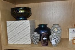 A GROUP OF ROYAL BRIERLEY STUDIO GLASS WARES, comprising a boxed blue 'balloon' vase, height 16cm, a