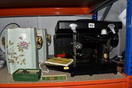 A SINGER MODEL 222K SEWING MACHINE AND TWO VASES to include a cased Singer model '222k' sewing
