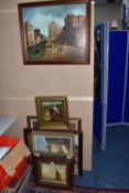 A SMALL QUANTITY OF FRAMED PICTURES, mostly late 20th century, comprising a Venetian scene signed