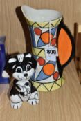 A LORNA BAILEY CAT FIGURE AND JUG, comprising black and white 'Dickie the Cat', signed Lorna