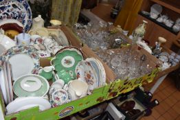 FIVE BOXES AND LOOSE CERAMICS AND GLASSWARE, to include a collection of porcelain soup ladles,