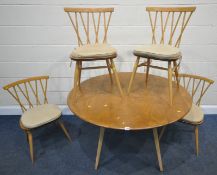 LUCIAN ERCOLANI, A MID CENTURY WINDSOR ELM AND BEECH DROP LEAF TABLE, raised on square tapered legs,