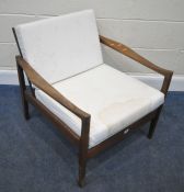 A MID CENTURY DANISH TEAK ARMCHAIR, with swept open armrests, width 71cm x depth 75cm x height 68cm,