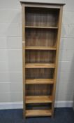 A MODERN TALL SLIM OPEN BOOKCASE, with five shelves, width 63cm x depth 32cm x height 200cm,