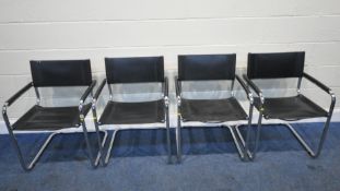 A SET OF FOUR BLACK LEATHER DESK CHAIRS, with tubular metal cantilever frames, width 56cm x depth