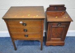 A 20TH CENTURY OAK MUSIC CABINET, with three fall front drawers, width 54cm x depth 38cm x height