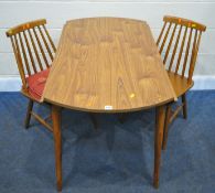 A 20TH CENTURY DROP LEAF TABLE, diameter 111cm x width 64cm x height 75cm, along with a pair of