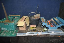 A TOOLBOX, A TRAY AND A BUCKET CONTAINING TOOLS, including two Stanley braces, a Magic Mitre