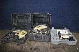 THREE AXMINSTER WHITE POWER TOOLS IN CASES, comprising a SLB9100N biscuit jointer, an AW184CS