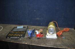 TWO ENGINEERS VICES, A DRILL BIT SET AND A MOTOR, including a Record 1 Tonne vice, (motor untested)