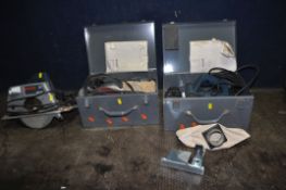 THREE BLUE BOSCH POWER TOOLS, comprising a GKS65 circular saw, a cased GEX150ac sander, and a