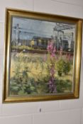 JOHN LINES (1938) LOCOMOTIVE AND LANDSCAPE, depicting a foreground of wild flowers with a train
