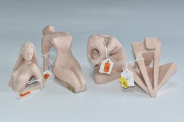 FOUR SMALL FIGURAL SCULPTURES, sculpted from a coarse pale pink clay, in different styles and poses,