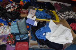 SEVEN BOXES OF CLOTHES AND ACCESSORIES to include a box of assorted jumpers, a box of trousers to