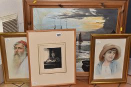 A MODERN REMBRANDT ETCHING AND THREE PAINTINGS, the limited edition etching is titled 'Self portrait