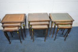 THREE NESTS OF THREE TABLES, condition report: one large table missing a piece of glass, all with