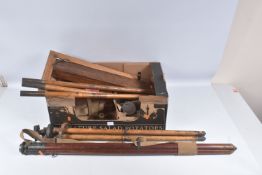 A COLLECTION OF VINTAGE MEASURING EQUIPMENT, to include a theodolite, compass, and other items, most