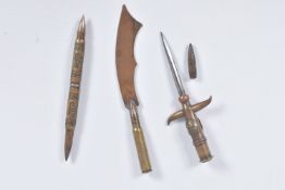 FOUR SMALL ITEMS OF WWI TRENCH ART, these include a curved knife with an inert bullet handle, a