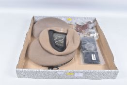 THREE SAND COLOURED (SAS) BERETS, ONE WITH Royal Signals Badge attached, together with a brand new