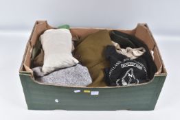 LARGE BOX CONTAINING VARIOUS MILITARY ITEMS AS FOLLOWS, DPM Helmet cover, Warm weather Combat