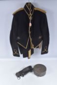 A PRE WWI MILITARY TUNIC AND TROUSERS WITH MATCHING HAT AND BELT with whistle attached, the jacket