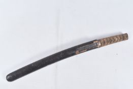 A SHORT JAPANESE STYLE SWORD WITH A SCABBARD, the blade is un-marked and the handle is bound with