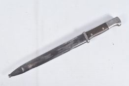 A WWI ERA GERMAN BAYONET MADE BY GEBR HELLER MARIENTHAL, it has a wooden handle held in by two bolts