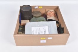 A BOX CONTAINING VARIOUS ITEMS OF BRITISH/US FIELD KIT to include Hand Frag Grenade fuse box,