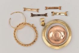 AN ASSORTMENT OF 9CT GOLD AND YELLOW METAL, to include two yellow gold sovereign mounts, both