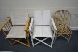 AN ASTER WICKER CHAIR, along with two pairs of folding directors chairs, condition report: all