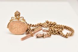 A 9CT GOLD ALBERT CHAIN AND SPINNING FOB, a curb link chain fitted with two lobster clasps and T-