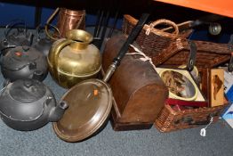 A GROUP OF METALWARE, BASKETS AND SUNDRY ITEMS, to include four Morso cast iron kettles, a copper